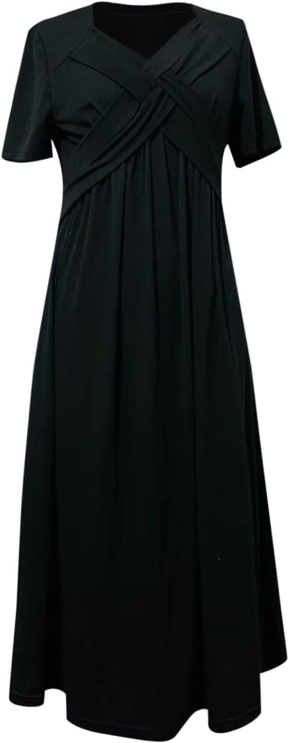 Womens Short Sleeve Dress Casual Plus Size V-Neck Maxi Dresses A Line Flowy Beach Sundress with Pockets