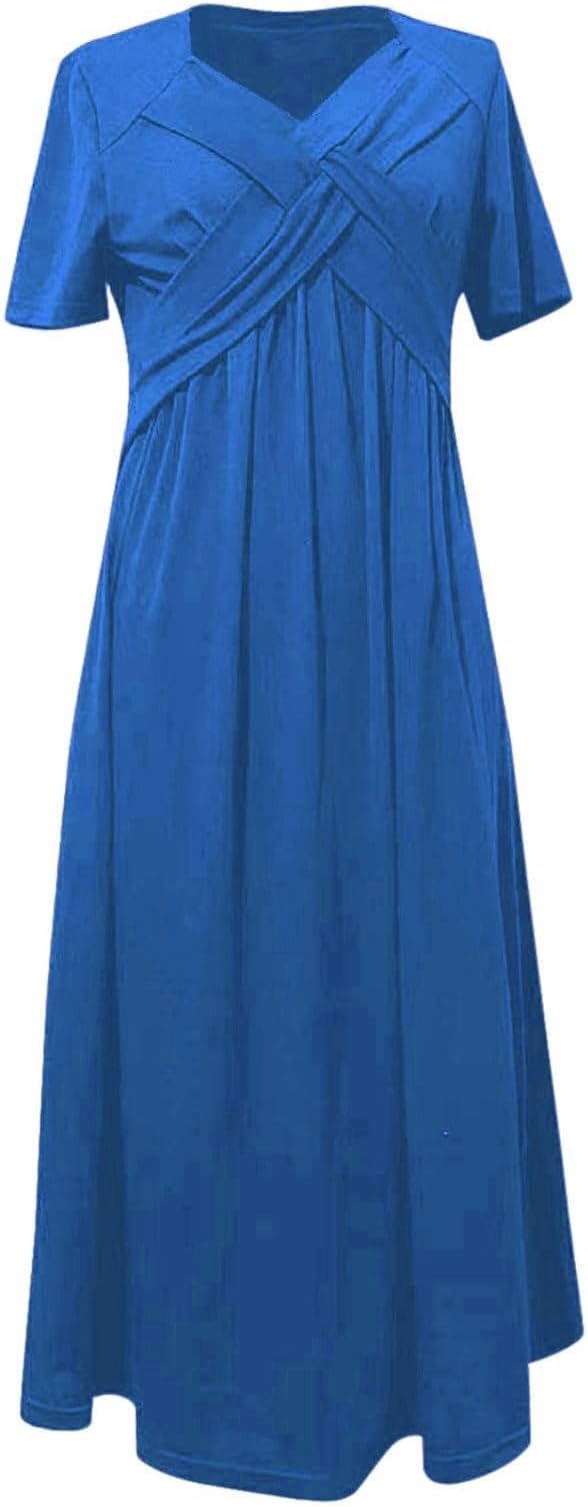 Womens Short Sleeve Dress Casual Plus Size V-Neck Maxi Dresses A Line Flowy Beach Sundress with Pockets