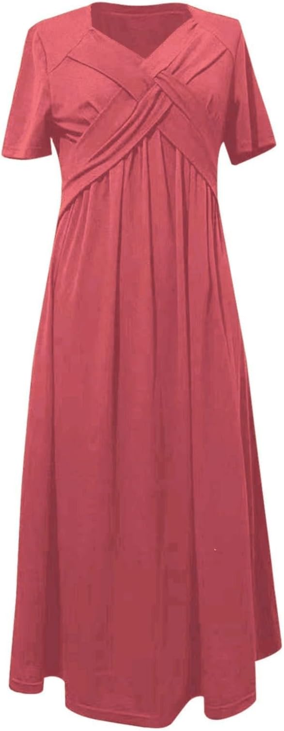 Womens Short Sleeve Dress Casual Plus Size V-Neck Maxi Dresses A Line Flowy Beach Sundress with Pockets