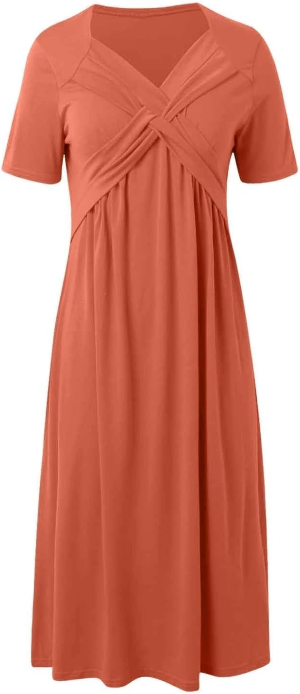 Womens Short Sleeve Dress Casual Plus Size V-Neck Maxi Dresses A Line Flowy Beach Sundress with Pockets