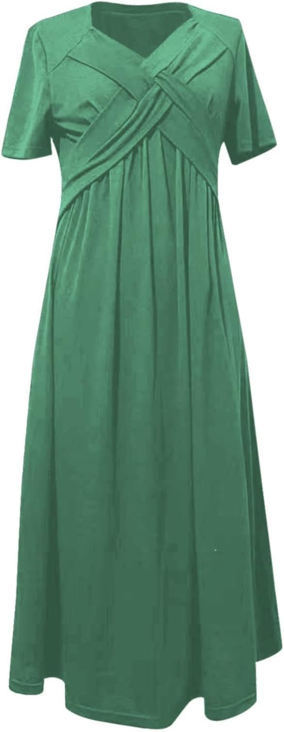Womens Short Sleeve Dress Casual Plus Size V-Neck Maxi Dresses A Line Flowy Beach Sundress with Pockets