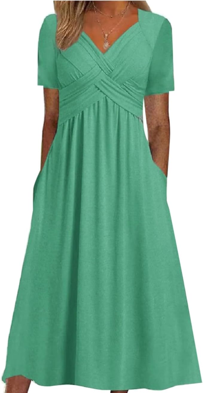 Womens Short Sleeve Dress Casual Plus Size V-Neck Maxi Dresses A Line Flowy Beach Sundress with Pockets