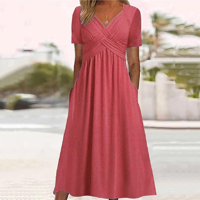 Womens Short Sleeve Dress Casual Plus Size V-Neck Maxi Dresses A Line Flowy Beach Sundress with Pockets