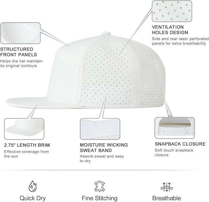 Men Flat Brim Adjustable Performance Hat Snapback Laser Perforated Baseball Cap