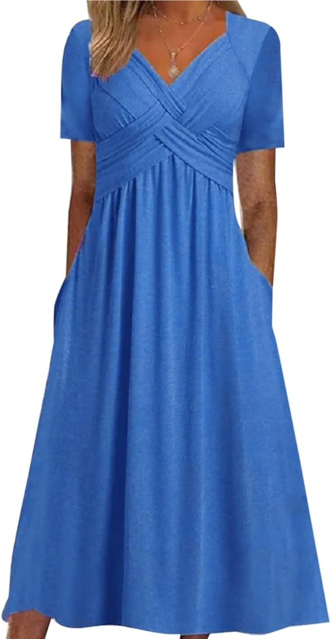 Womens Short Sleeve Dress Casual Plus Size V-Neck Maxi Dresses A Line Flowy Beach Sundress with Pockets