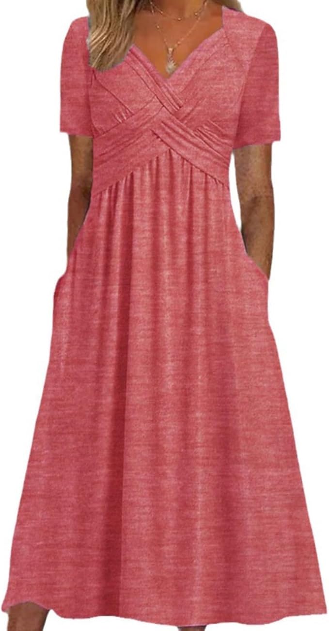 Womens Short Sleeve Dress Casual Plus Size V-Neck Maxi Dresses A Line Flowy Beach Sundress with Pockets