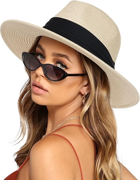 Womens Mens Wide Brim Straw Panama Hat Fedora Summer Beach Sun Hats UPF Straw Hat for Women