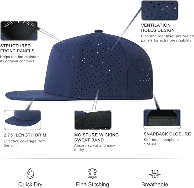 Men Flat Brim Adjustable Performance Hat Snapback Laser Perforated Baseball Cap