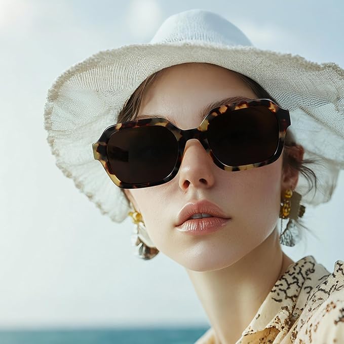 Retro Polarized Hexagon Sunglasses for Women Classic Vintage Rectangle Sun Glasses Acetate Shades UV400 Protection
