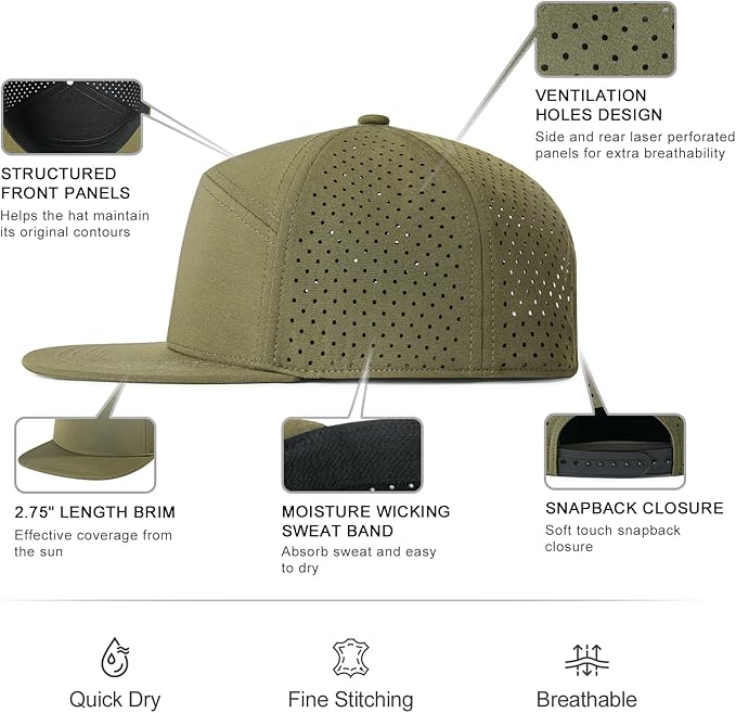 Men Flat Brim Adjustable Performance Hat Snapback Laser Perforated Baseball Cap