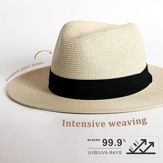 Womens Mens Wide Brim Straw Panama Hat Fedora Summer Beach Sun Hats UPF Straw Hat for Women