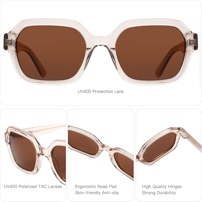 Retro Polarized Hexagon Sunglasses for Women Classic Vintage Rectangle Sun Glasses Acetate Shades UV400 Protection