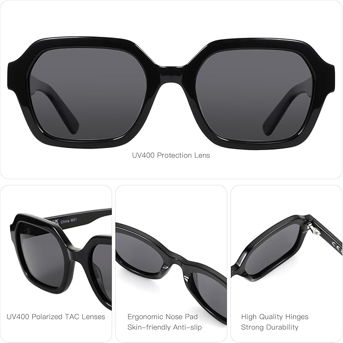 Retro Polarized Hexagon Sunglasses for Women Classic Vintage Rectangle Sun Glasses Acetate Shades UV400 Protection