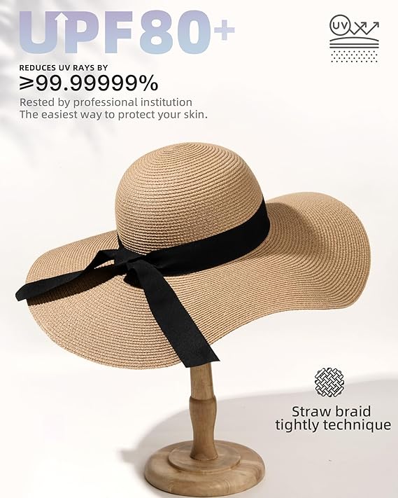 Womens Sun Straw Hat Wide Brim UPF 80 Summer Hat Foldable Packable Floppy Beach Hats for Women