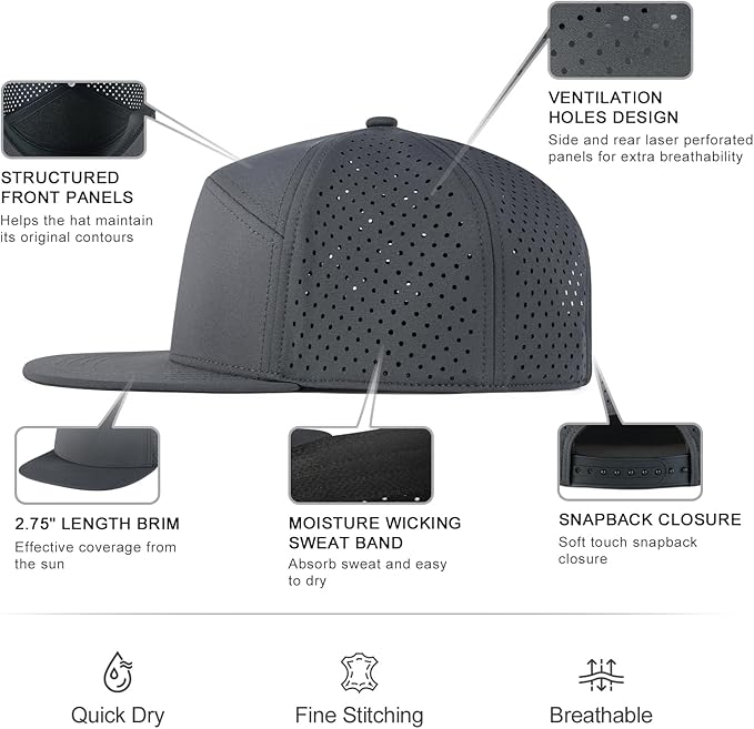 Men Flat Brim Adjustable Performance Hat Snapback Laser Perforated Baseball Cap