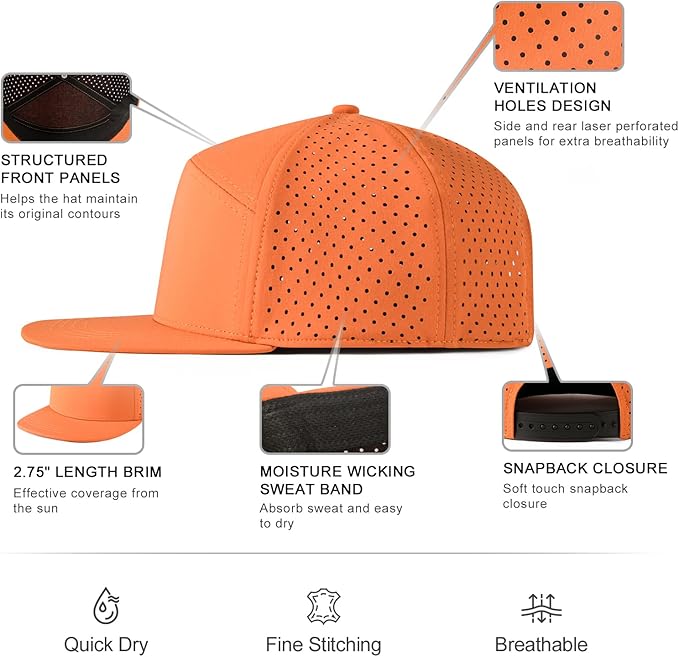 Men Flat Brim Adjustable Performance Hat Snapback Laser Perforated Baseball Cap