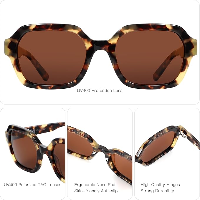 Retro Polarized Hexagon Sunglasses for Women Classic Vintage Rectangle Sun Glasses Acetate Shades UV400 Protection