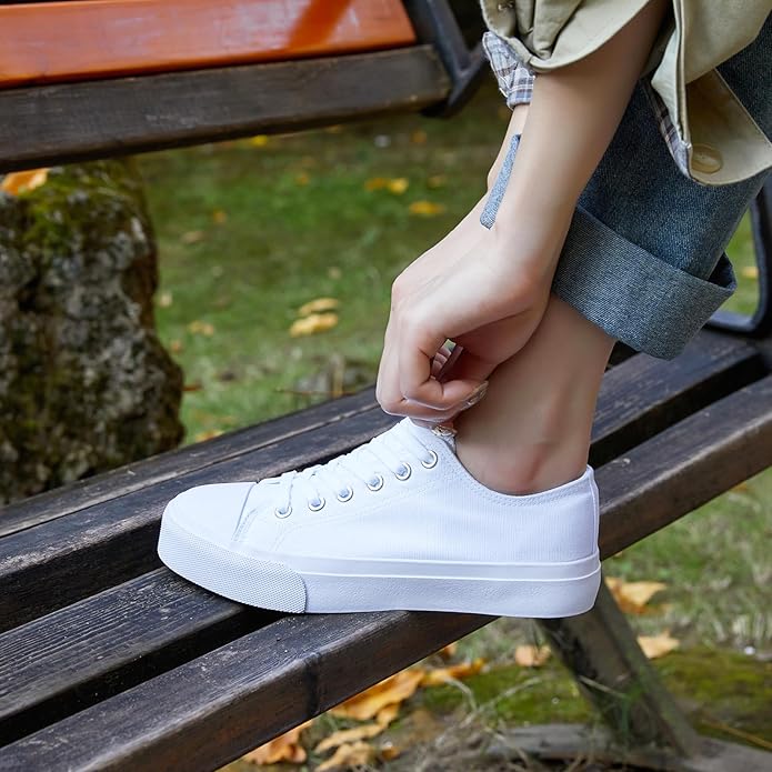 Low Top Canvas Shoes,Lace up Canvas Sneakers,Casual White Tennis Walking Shoes