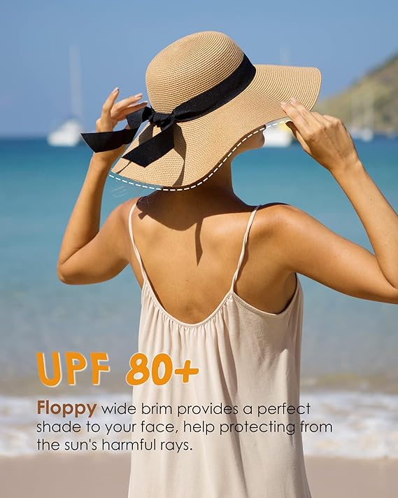Womens Sun Straw Hat Wide Brim UPF 80 Summer Hat Foldable Packable Floppy Beach Hats for Women