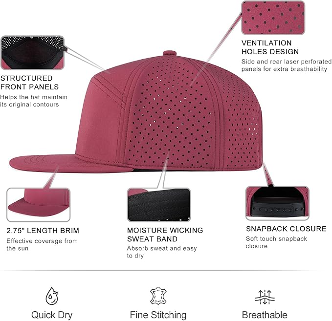 Men Flat Brim Adjustable Performance Hat Snapback Laser Perforated Baseball Cap