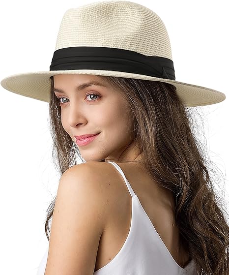 Womens Mens Wide Brim Straw Panama Hat Fedora Summer Beach Sun Hats UPF Straw Hat for Women