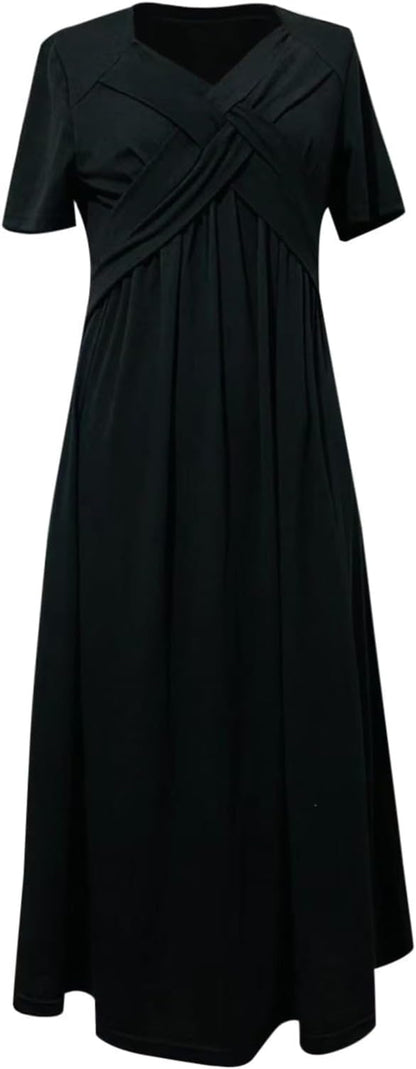 Womens Short Sleeve Dress Casual Plus Size V-Neck Maxi Dresses A Line Flowy Beach Sundress with Pockets