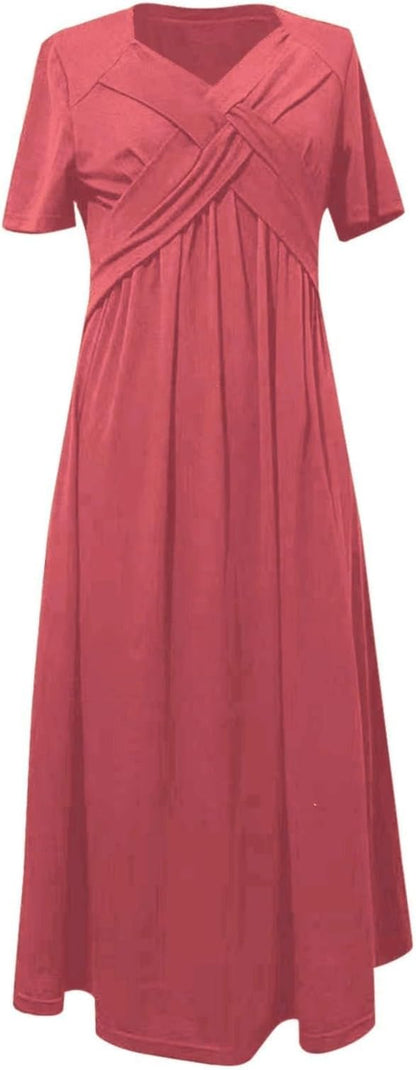 Womens Short Sleeve Dress Casual Plus Size V-Neck Maxi Dresses A Line Flowy Beach Sundress with Pockets