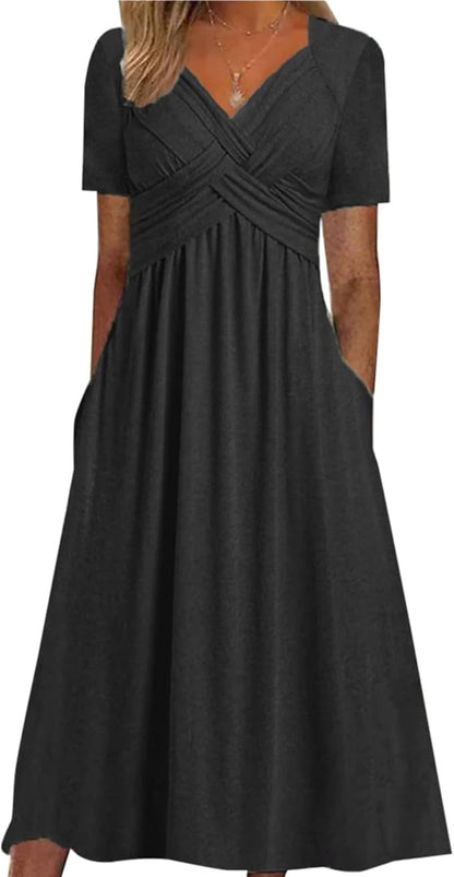 Womens Short Sleeve Dress Casual Plus Size V-Neck Maxi Dresses A Line Flowy Beach Sundress with Pockets