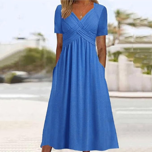 Womens Short Sleeve Dress Casual Plus Size V-Neck Maxi Dresses A Line Flowy Beach Sundress with Pockets