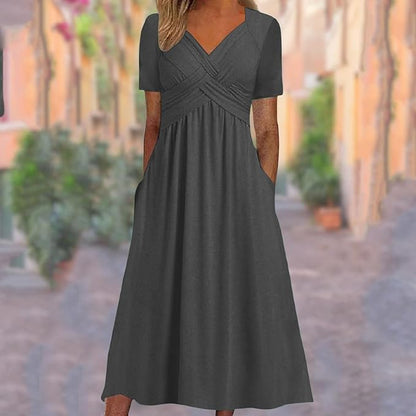Womens Short Sleeve Dress Casual Plus Size V-Neck Maxi Dresses A Line Flowy Beach Sundress with Pockets