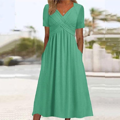 Womens Short Sleeve Dress Casual Plus Size V-Neck Maxi Dresses A Line Flowy Beach Sundress with Pockets
