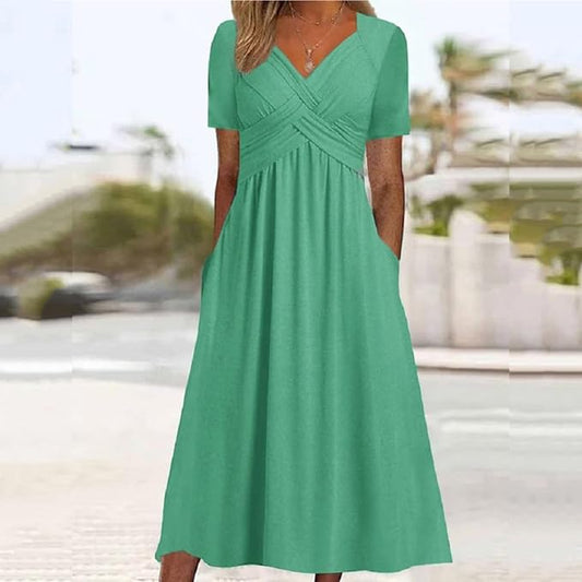 Womens Short Sleeve Dress Casual Plus Size V-Neck Maxi Dresses A Line Flowy Beach Sundress with Pockets