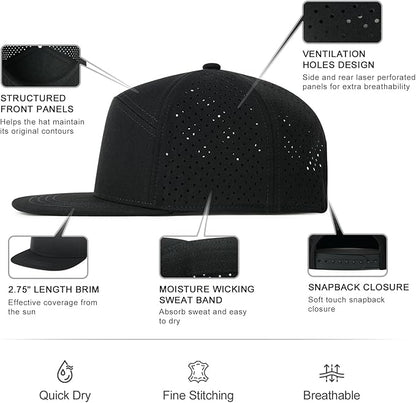 Men Flat Brim Adjustable Performance Hat Snapback Laser Perforated Baseball Cap