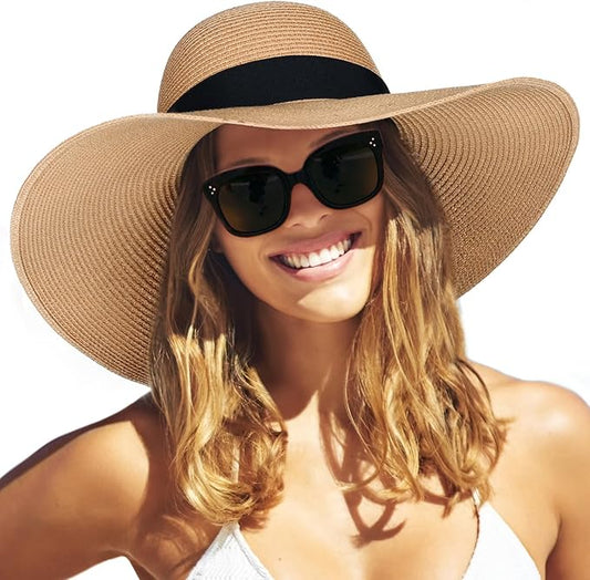 Womens Sun Straw Hat Wide Brim UPF 80 Summer Hat Foldable Packable Floppy Beach Hats for Women